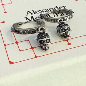 Alexander McQueen Pave Skull Hoop Drop Earrings with Crystals